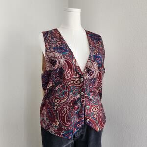Vintage 90s Y2K Red Blue Paisley Button Down Tapestry Vest Sleeveless Waistcoat